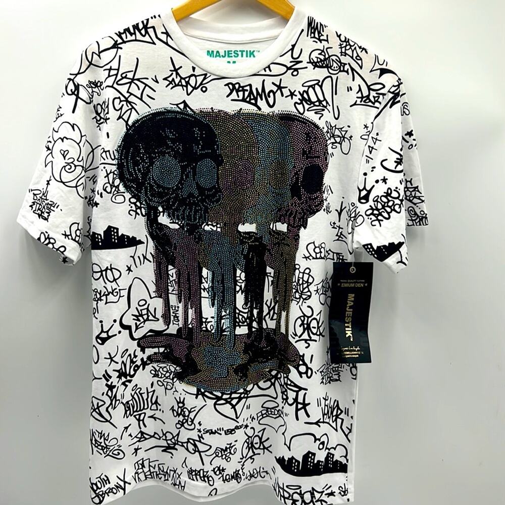 MAJESTIK RHINESTONE SKULLS DRIP MENS SIZE MEDIUM GRAPHIC PRINT T-SHIRT NEW